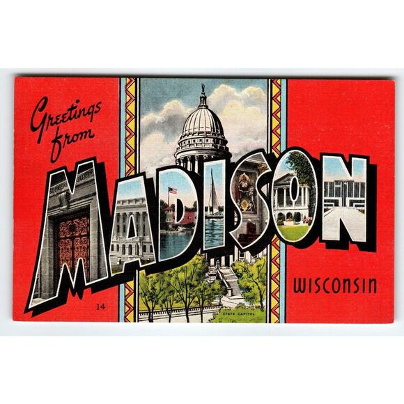 Greetings From Madison Wisconsin Large Big Letter Postcard EC Kropp Vintage - Picture 1 of 2